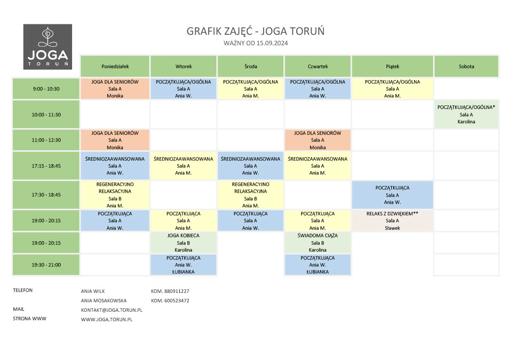 Grafik Joga Toruń od 15.09.2024